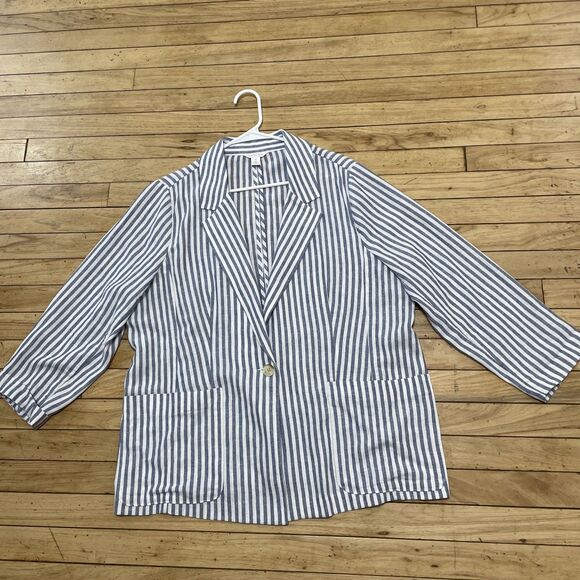 Caslon Linen Jacket Women XXL Blue White Striped Yacht Unstructured Blazer 2XL - Picture 2 of 16
